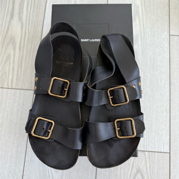 Saint Laurent 37.5 Jam Flat Slingback sandals black leather gold luxury summer - Picture 12 of 16